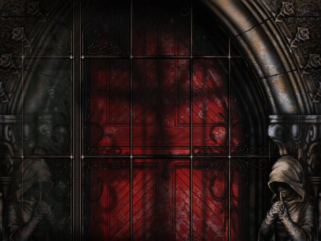 Gothic themed entrance red door free wallpaper for desktop - medium preview image