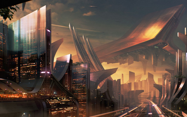 Futuristic city train sunset architecture free wallpaper for desktop - medium preview image