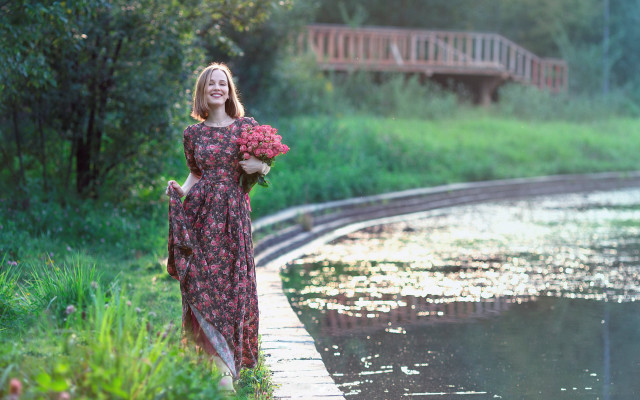 Woman dress pond bridge flower free wallpaper for desktop - medium preview image