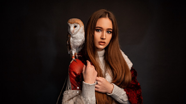 Woman owl portrait studio brown free wallpaper for desktop - medium preview image