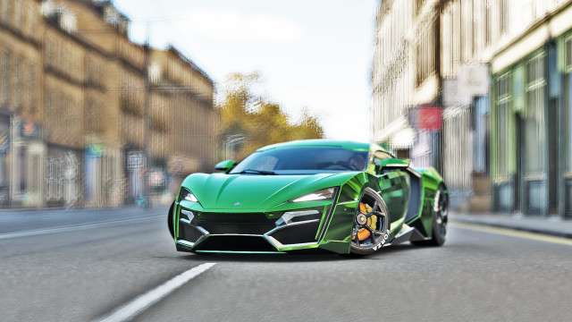 Green sports car city street free wallpaper for desktop - medium preview image