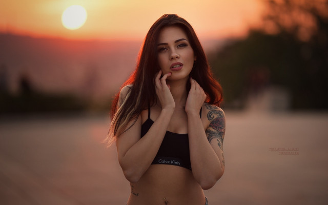 Woman tattoo sunset beach anamorphic free wallpaper for desktop - medium preview image