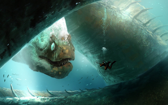 Giant fish cave boat diver free wallpaper for desktop - medium preview image