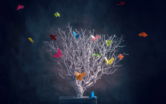 Colorful origami birds tree dark free wallpaper for desktop - medium preview image
