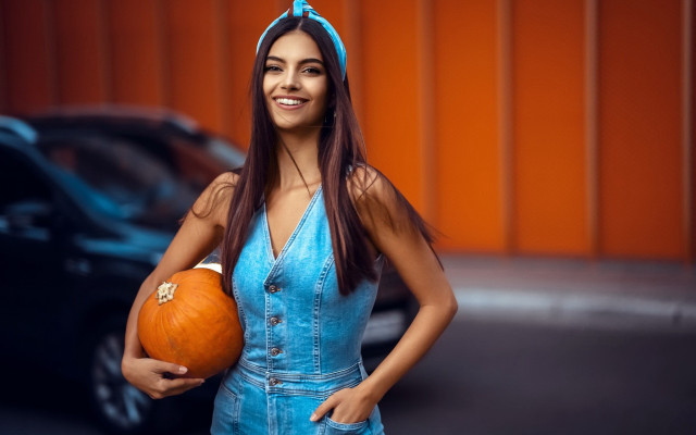 Woman blue dress pumpkin halloween free wallpaper for desktop - medium preview image