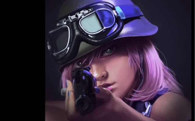Woman camera helmet gun aiming free wallpaper for desktop - medium preview image