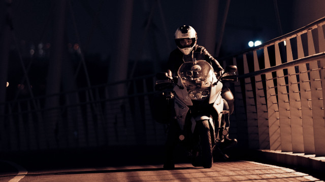 Man motorcycle night street helmet free wallpaper for desktop - medium preview image