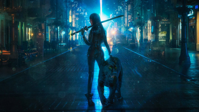 Woman sword rain dog cyberpunk free wallpaper for desktop - medium preview image