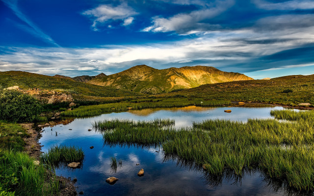 Lake mountains cloudy sky grass free wallpaper for desktop - medium preview image