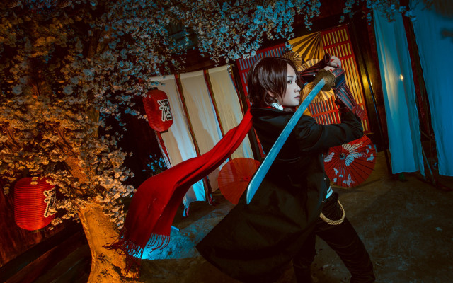 Woman black sword red scarf free wallpaper for desktop - medium preview image