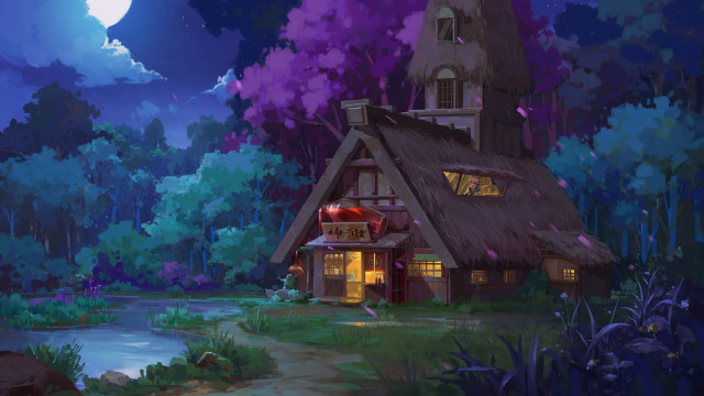 House woods fullmoon stream path free wallpaper for desktop - medium preview image