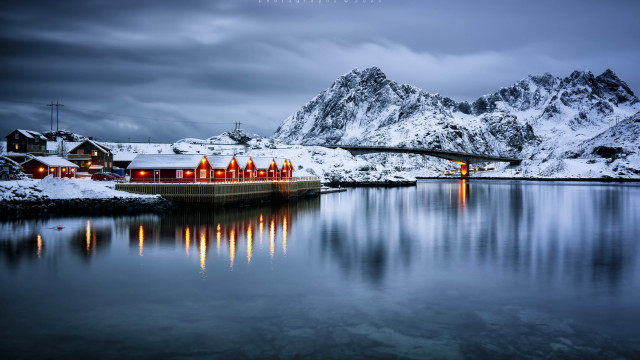 Snowy mountain house bridge water free wallpaper for desktop - medium preview image