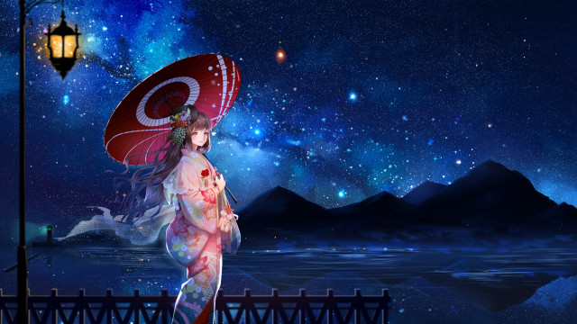 Kimono umbrella night sky stars free wallpaper for desktop - medium preview image