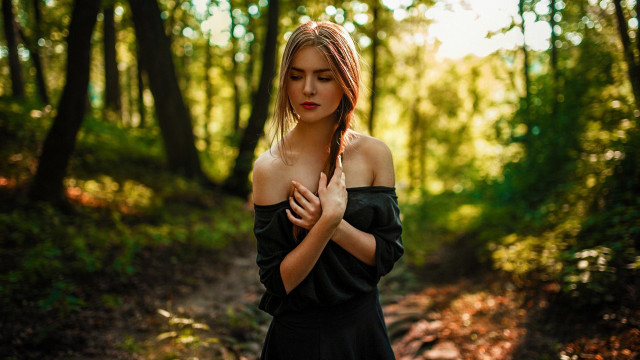 Woman black dress forest prayer free wallpaper for desktop - medium preview image