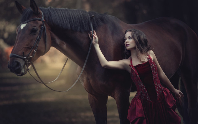 Red dress woman horse woodland free wallpaper for desktop - medium preview image