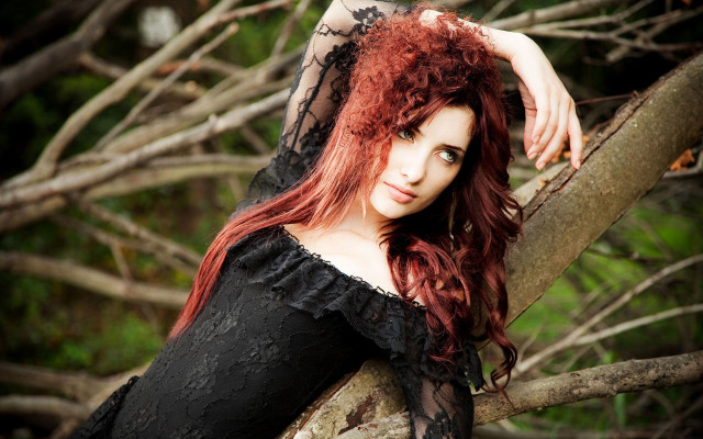Redhair gothicwoman branch forest outdoors free wallpaper for desktop - medium preview image