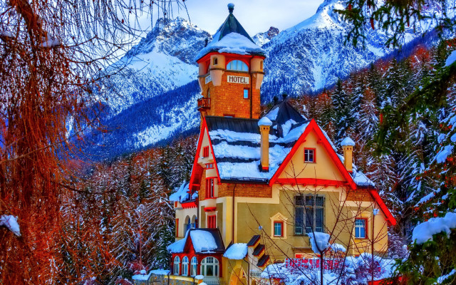 House tower snowy mountains autumn free wallpaper for desktop - medium preview image