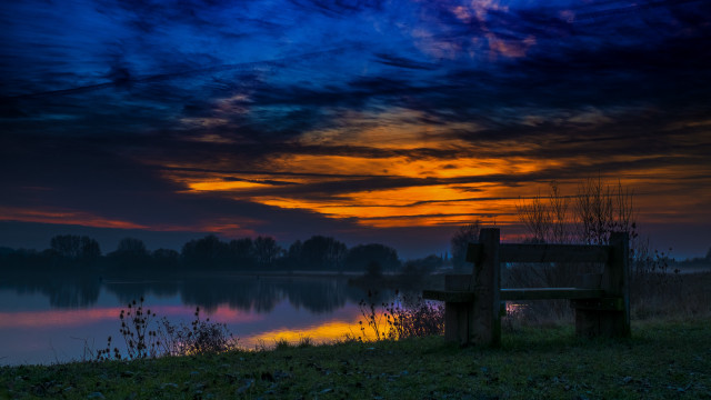 Lake hillside bench sunset mystical free wallpaper for desktop - medium preview image