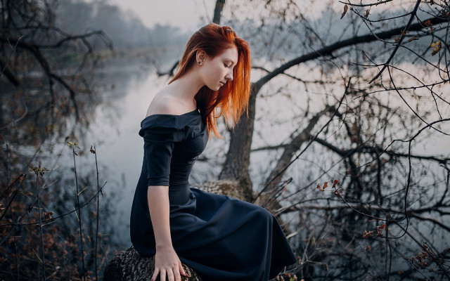 Woman red hair lake portrait free wallpaper for desktop - medium preview image