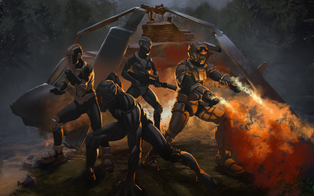 Futuristic suits fire extinguisher explosion free wallpaper for desktop - medium preview image