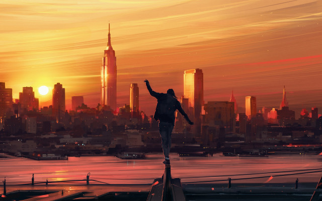 Cityscape sunset ledge person bird free wallpaper for desktop - medium preview image