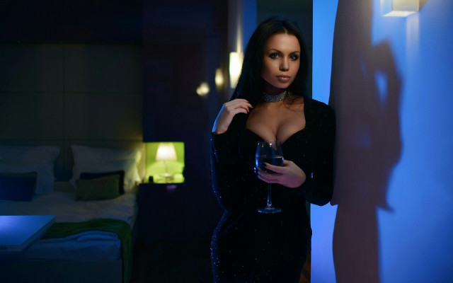 Woman blackdress wineglass bluelight romanticism free wallpaper for desktop - medium preview image