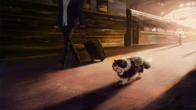 Dog man suit train platform free wallpaper for desktop - medium preview image