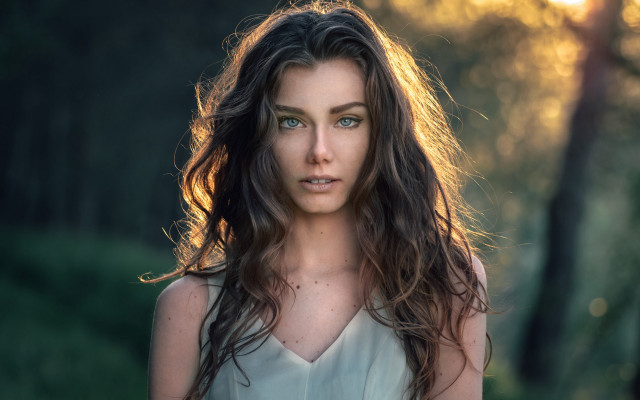 Woman forest sunset portrait blurry free wallpaper for desktop - medium preview image
