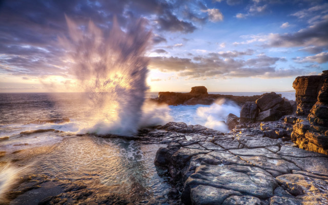 Sunset wave rocks ocean shore free wallpaper for desktop - medium preview image