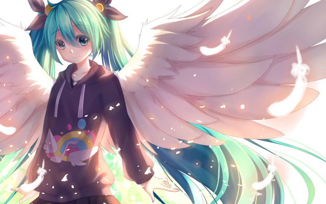 Girl green hair wings halo free wallpaper for desktop - medium preview image