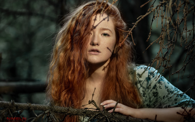 Redhair woman fence branches pre free wallpaper for desktop - medium preview image