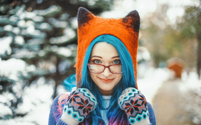 Blue hair cat hat mittens free wallpaper for desktop - medium preview image