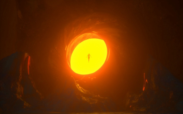 Yellow light cave person raytraced free wallpaper for desktop - medium preview image