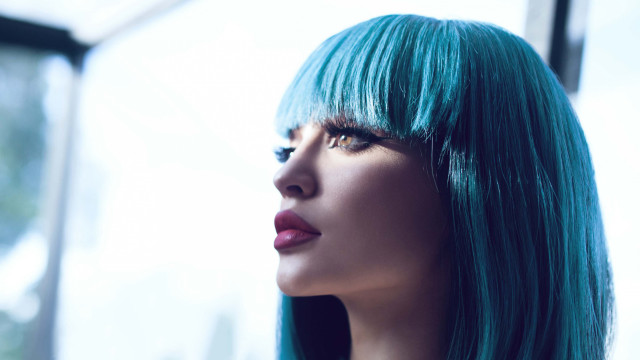 Blue hair green wig woman free wallpaper for desktop - medium preview image