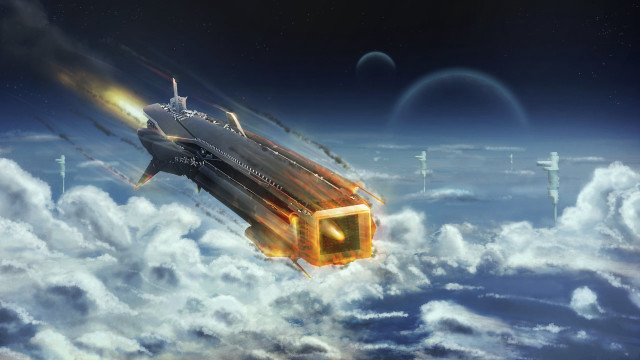 Space ship flying clouds city free wallpaper for desktop - medium preview image