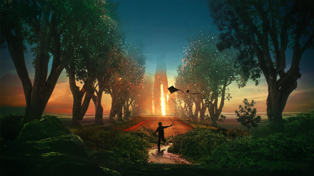 Forest kite sunset fantasy illustration free wallpaper for desktop - medium preview image