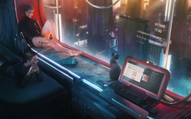 Woman laptop cat cyberpunk retrofuturism free wallpaper for desktop - medium preview image