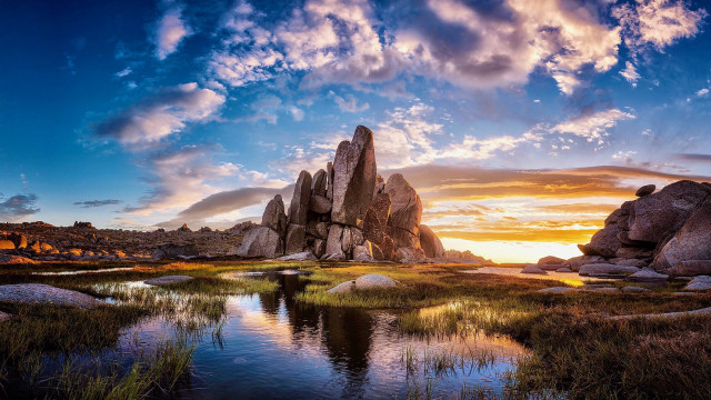 Sunset rocky landscape pond grass free wallpaper for desktop - medium preview image
