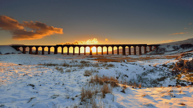 Train bridge snowy field sunset free wallpaper for desktop - medium preview image