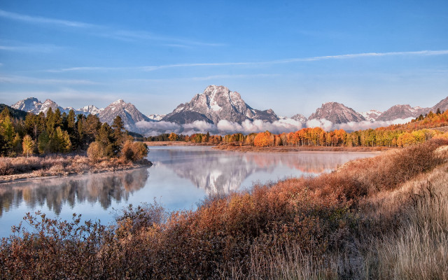River mountain trees clouds autumn free wallpaper for desktop - medium preview image