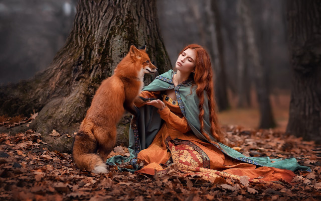 Woman woods dog fox enchanting free wallpaper for desktop - medium preview image
