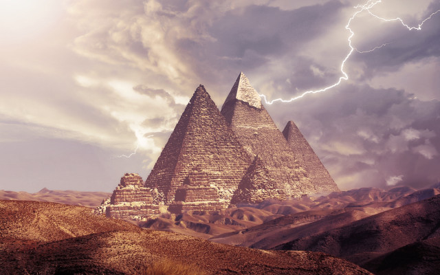 Pyramid lightning afrofuturism cityscape mountain free wallpaper for desktop - medium preview image