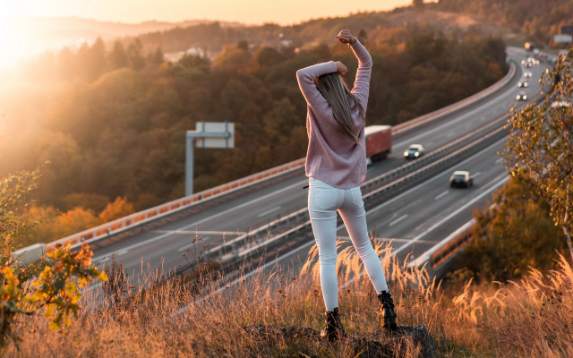 Woman hill arms highway cars free wallpaper for desktop - medium preview image