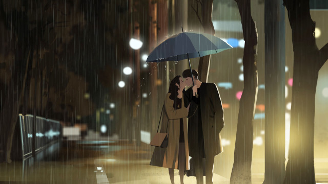 Couple kissing umbrella rain city free wallpaper for desktop - medium preview image