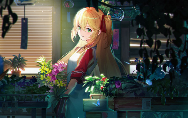 Girl blonde holding flower indoor free wallpaper for desktop - medium preview image