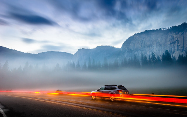 Mountain road fog trees motionblur free wallpaper for desktop - medium preview image