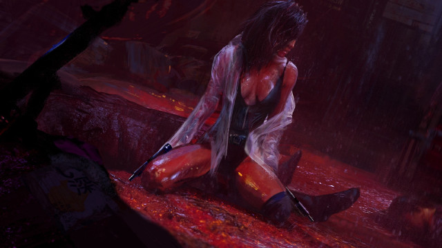 Woman sitting rain knife bloody free wallpaper for desktop - medium preview image