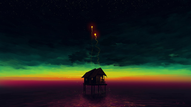Stilt house ocean night magic free wallpaper for desktop - medium preview image