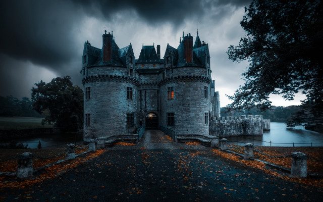 Gothic castle moonlit lake night free wallpaper for desktop - medium preview image