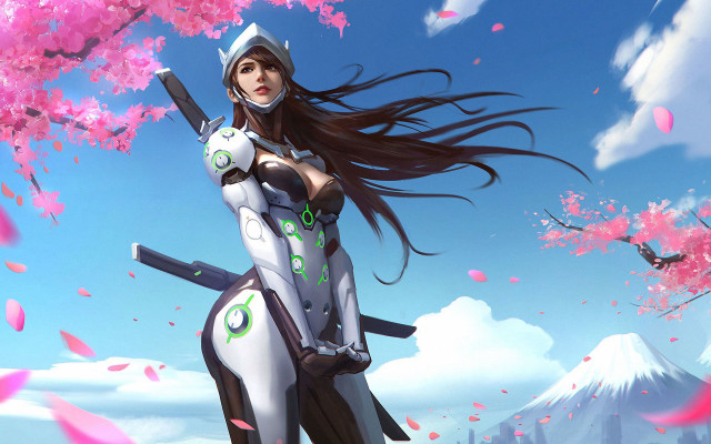 Futuristic woman sword cherryblossoms cyberpunk free wallpaper for desktop - medium preview image